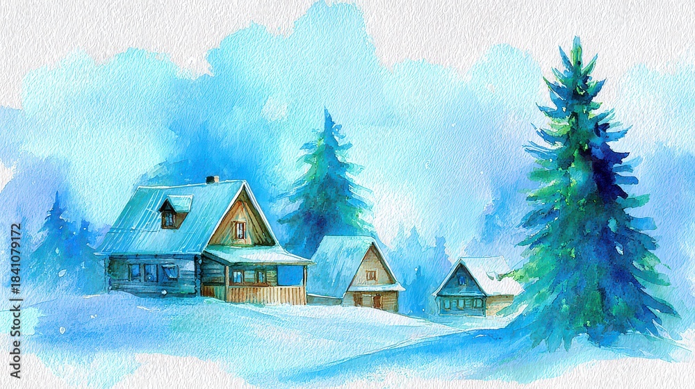 Naklejka premium Cozy Snowy Village Scene with Evergreen Trees and Traditional Houses in Winter
