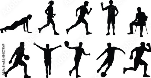 Silhouettes of men performing various athletic exercises and sports activities like running and playing basketball