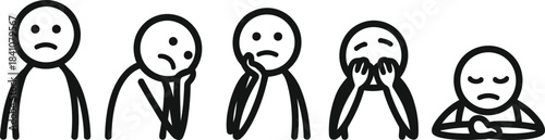 Simple line drawing set of five stick figures showing various degrees of sadness and disappointment