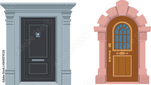 Two isolated classic luxury dark entrance doors with different frames vector illustration elements
