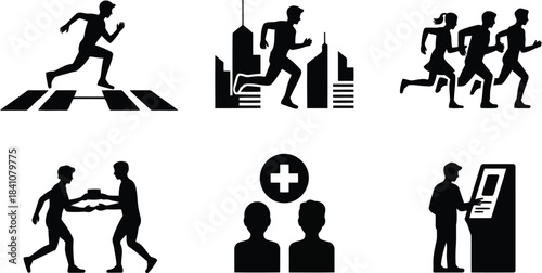 Six monochrome icons portray individuals engaged in urban running delivery and service interactions