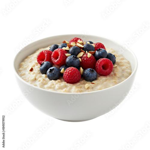 White bowl of oatmeal porridge topped with fresh blueberries, raspberries, and slivered almonds.