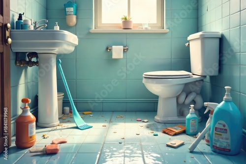 A messy bathroom scene with spilled toiletries, water on the floor, and a general sense of disarray Perfect for illustrating cleaning, home maintenance, or accident themes , cleaning, soap, domestic