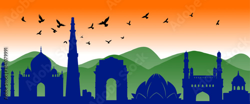 Indian landmark silhouette featuring Taj Mahal, Qutub Minar, India Gate, Lotus Temple and Charminar against tricolor sky with birds and green hills for Republic Day 2026 26 January.