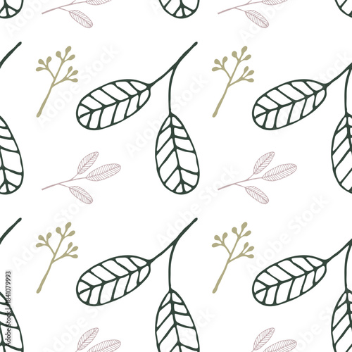 Lush botanical field with varied leaf shapes and wintry berries for interior walls, wrapper.