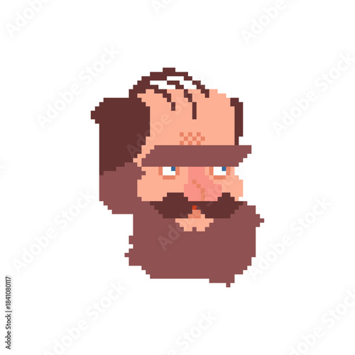 Pixel art portrait of a homeless man with a beard and tired expression. Retro 8-bit avatar for social issues or character design.
