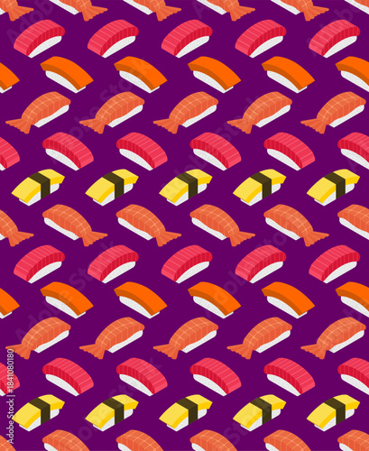 Seamless pop art pattern featuring nigiri sushi pieces with bold lines and vibrant colors on a dark purple background. Retro aesthetic background for food and restaurant themes.