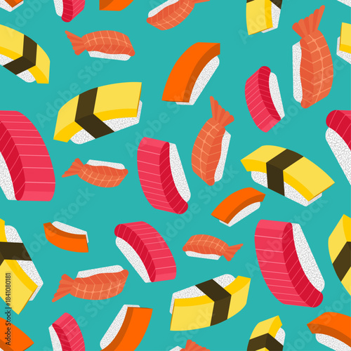 Seamless vector pattern featuring nigiri sushi pieces on a dark blue background. Repeatable background for food, restaurant, and Asian cuisine themes.