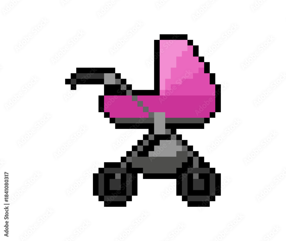 Fototapeta premium Pixel art illustration of a pink baby stroller in retro 8-bit style. Simple gaming asset for family, childhood, and transport themes.