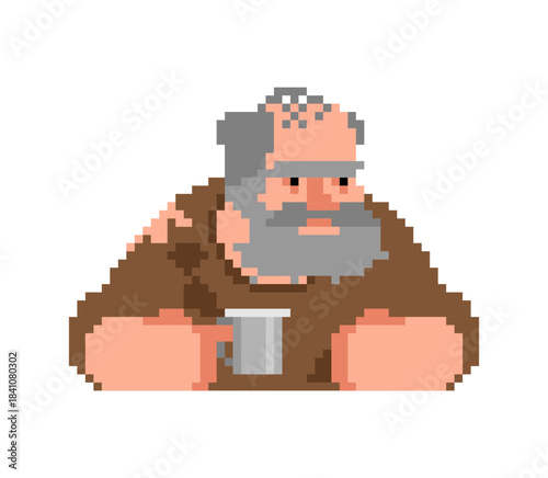 Pixel art homeless man with a large beard and worn clothing. Retro 8-bit character asset for urban life or survival games.