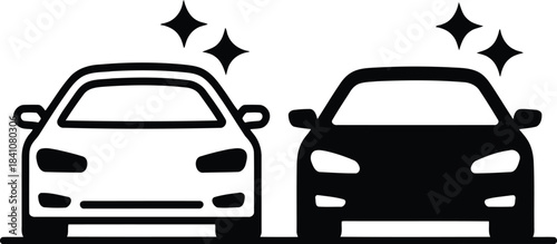 Two clean shining cars, one white and one black, facing forward with sparkle symbols above