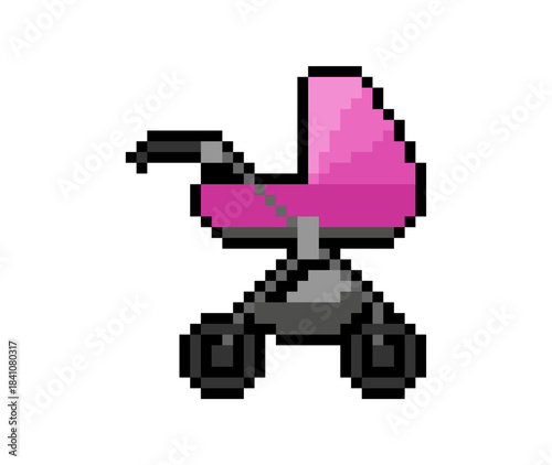 Pixel art illustration of a pink baby stroller in retro 8-bit style. Simple gaming asset for family, childhood, and transport themes.