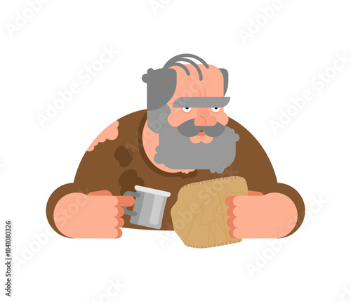 Pixel art homeless man with a mug. Retro 8-bit character asset for urban life or social themes.