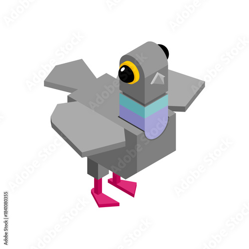 Isometric pigeon in flight. Modern perspective design for city and nature scenes.