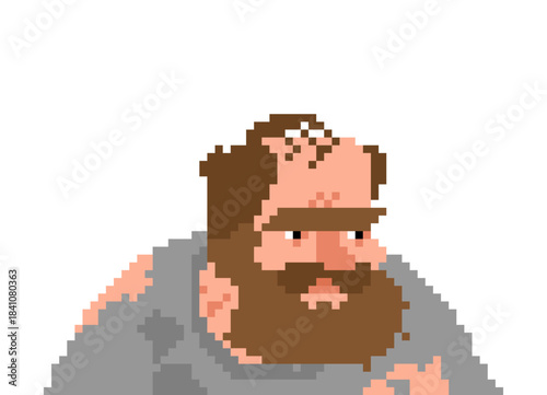 Pixel art portrait of a homeless man with a beard and tired expression. Retro 8-bit avatar for social issues or character design.