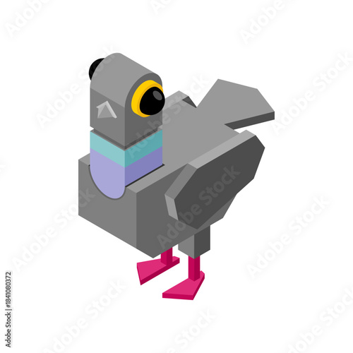 isometric of a pigeon in flight with pink feet. Modern perspective design for city and nature scenes.