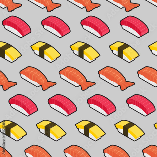 Seamless pattern featuring different types of nigiri sushi pieces on a light gray background. Repeatable background for food, restaurant, and Asian cuisine themes.
