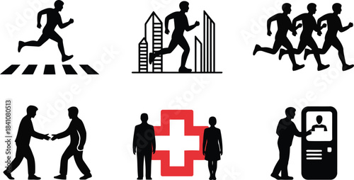 Variety of six monochrome icons depicting people running business interactions and medical services
