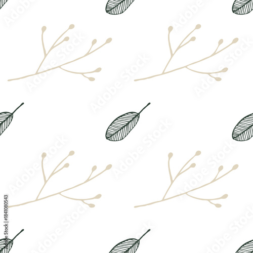 Frost-kissed foliage arranged in diagonal repeat, creating a timeless winter plant design for wall coverings. Gold black colors