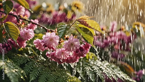 Beautiful pink flowers and green leaves getting showered by water droplets in the garden.