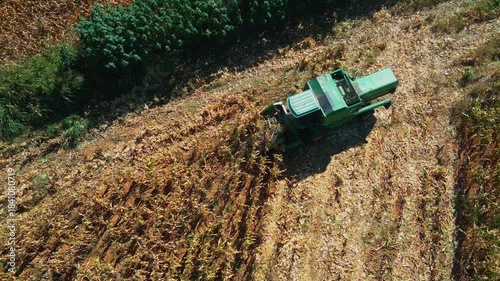 Top view drone shot of a modern combine harvester cutting maize plants in a dry field. Heavy industrial machinery gathering crops during the harvest season. Agricultural business and food production i