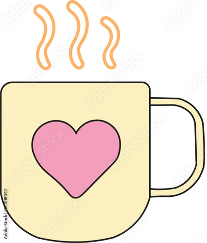 Cute mug with heart symbol representing warmth and love.