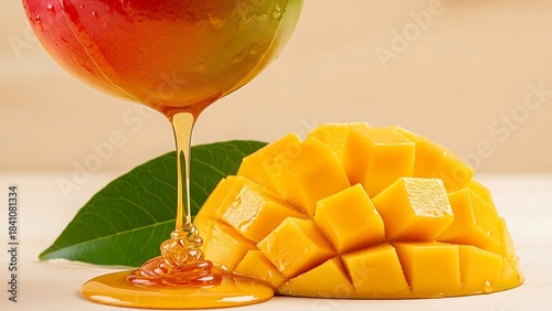 Golden honey pouring over fresh fruit, healthy natural sweetener concept, close up, clean background.
