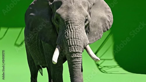 Huge African elephant with large tusks grazing in the wild savanna grass