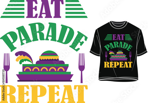 Vibrant Mardi Gras Themed TShirt Design with Food Motif