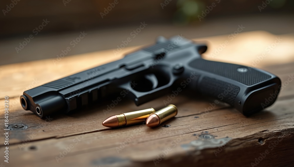 Obraz premium Black handgun rests on wooden table with bullets nearby. Modern firearm, ammunition represent power, danger, defense. Close up focus on weapon, signifying readiness, action. Tactical design hints at