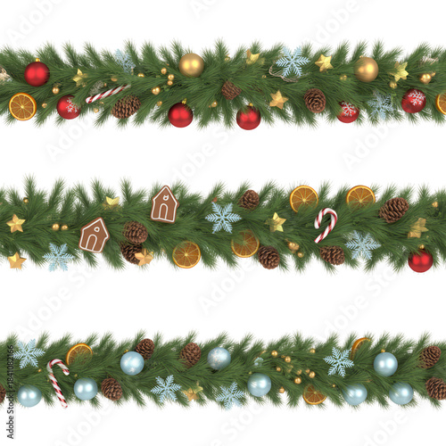 Three rows of christmas garland with ornaments, pinecones, dried oranges, and gingerbread cookies isolated on transparent background