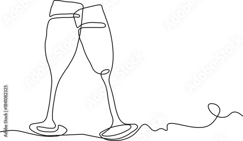  Two clinking champagne glasses one line design. Creative sparkling wine glass, continuous lines vector.eps