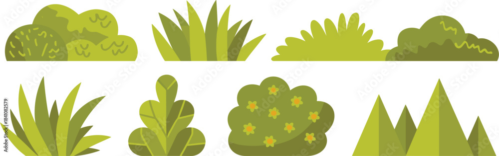 Obraz premium Collection of various green bushes, decorative grass, shrubs, and hedges, flat design nature elements set