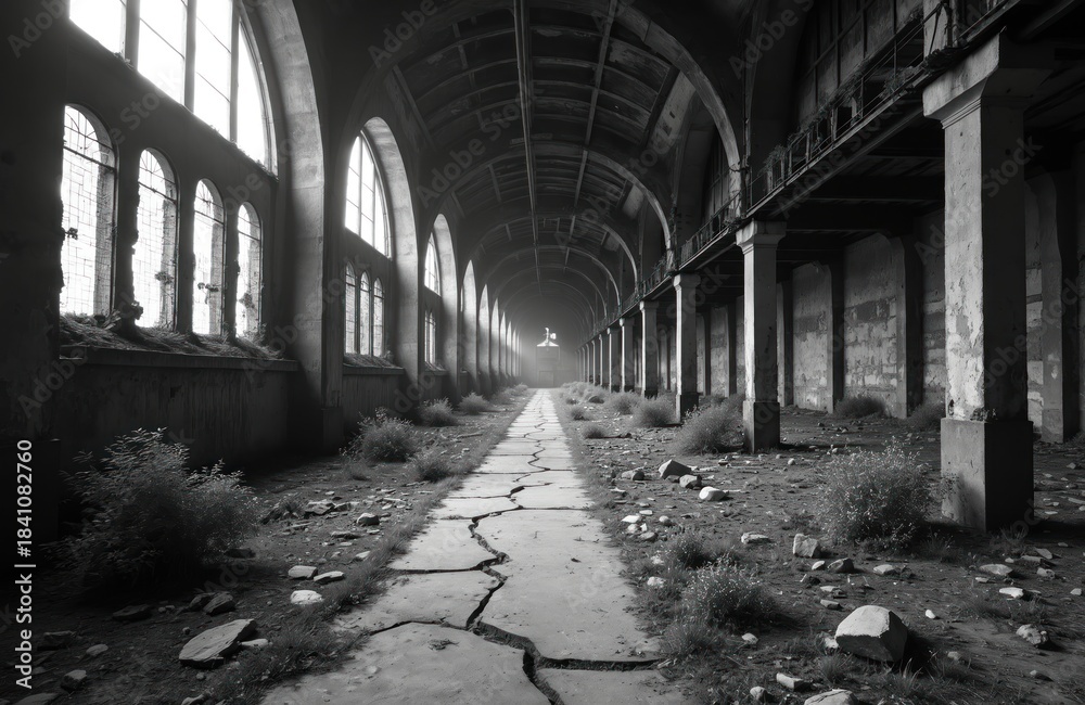 Obraz premium Abandoned industrial building with arched windows and concrete pillars. Overgrown vegetation and cracked pathway lead into misty distance. Monochrome view of derelict factory interior.