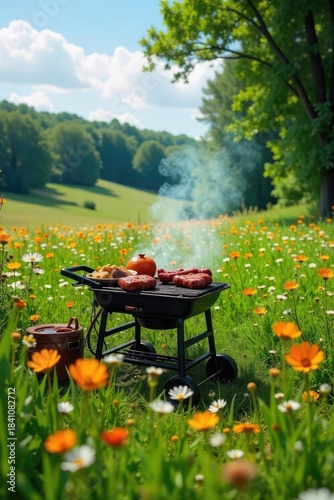 A picturesque meadow scene, lush green grass, wildflowers blooming around a rustic grill setup ready for an outdoor feast Perfect for summer BBQ or cookout themes , charcoal, grass, relaxation