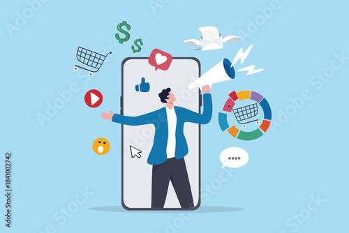 Affiliate marketing online network advertising, referral program to generate revenue from affiliate link for customer to buy product online, young man with megaphone promote reference link on mobile.