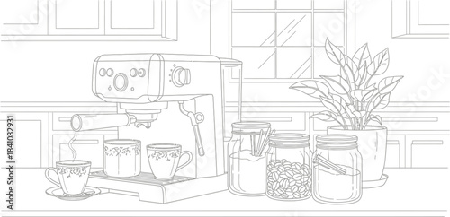 Coffee machine preparing espresso with plant and jars in a kitchen line drawing