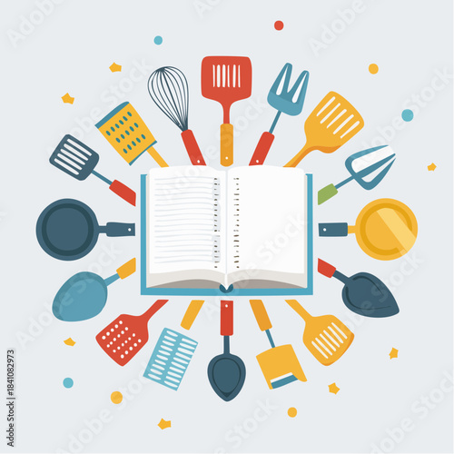 Cooking tools array surrounding an open cookbook offering recipe ideas