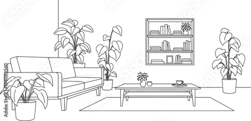 Minimalist living room interior with sofa plants and bookshelf illustration