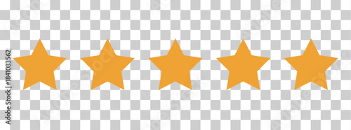 Five stars on transparent background. Five stars customer quality product rating sign. Yellow five stars symbol. Customer feedback concept. flat style.