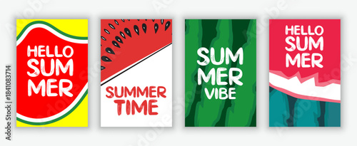 Bright Summer Poster Set with Watermelon Illustration Hello Summer, Summertime, Summer Vibes Graphic Templates
