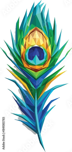 Geometric peacock feather design in vibrant colors on a clean white backdrop
