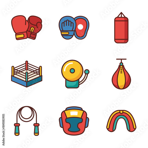 Boxing and Combat Sports Training Equipment Icons Set: Gloves, Punching Bag, Ring, Jump Rope, Headgear, and Fitness Gear Collection
