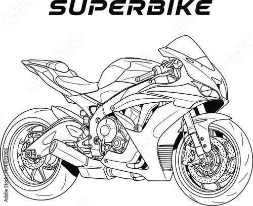 Detailed line art of a superbike motorcycle with the word superbike above it