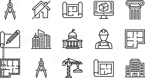 Architecture design icon collection, construction outline symbols, building blueprint graphics, urban planning illustration, icons, CAD drawing flat vector illustration