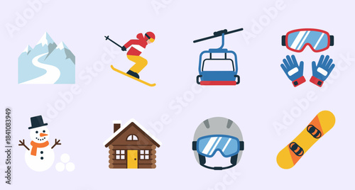 Skiing, Snowboarding, and Winter Holiday Icons Set: Ski Lift, Mountain, Cabin, Snowman, Snowboard, and Slope Travel Equipment