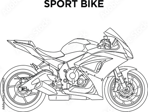 Detailed line art illustration of a modern sport bike on a clean white background