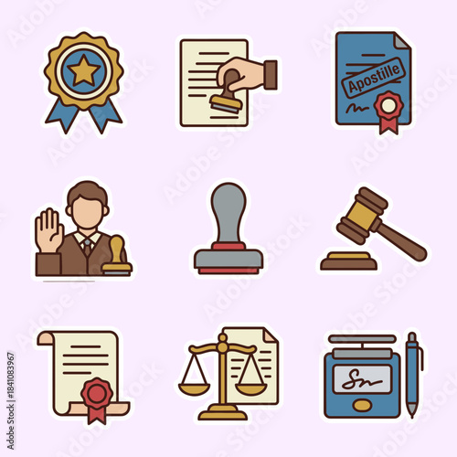 Notary Public and Legal Certification Icons Set: Stamp, Apostille, Oath, Justice Scales, Document Sealing, and Official Signatures