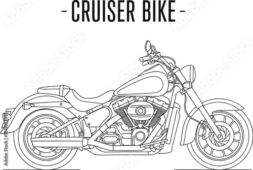 Detailed line drawing of a classic cruiser motorcycle on a white background view