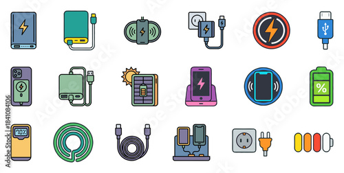 Charging and power bank icon set for technology devices, displaying wireless and wired charging, battery, and solar energy concepts